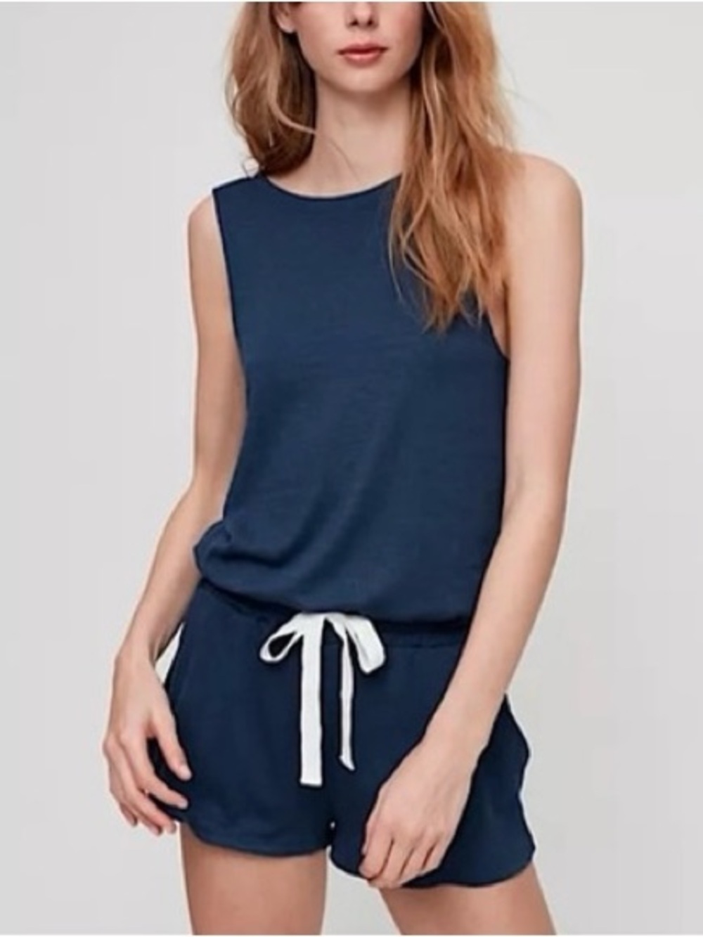 Wilfred| Aritzia| Casual Navy Knit Tank Top/Shorts Romper w/White Tie Sz XS - Picture 1 of 5